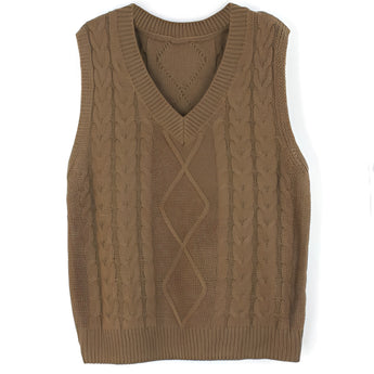 Elegant gray cable knit men's sleeveless wool sweater vest with a V-neck design, showcasing a classic knit pattern made from wool, displayed on a wooden surface.