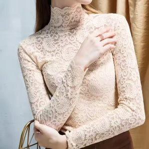 Elegant High Neck Floral Lace Bodysuit - Cream Long Sleeve Top