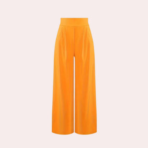 Elegant high-waist wide-leg palazzo pants in a vibrant orange color, showcasing a flowy and stylish design suitable for formal or fashion-forward occasions.