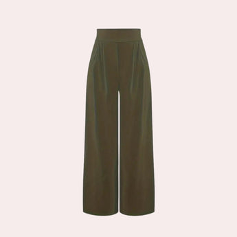 Elegant high-waist wide-leg palazzo pants in light green, size 2XL, displayed on a mannequin wearing a grey blazer over a sleeveless shirt.