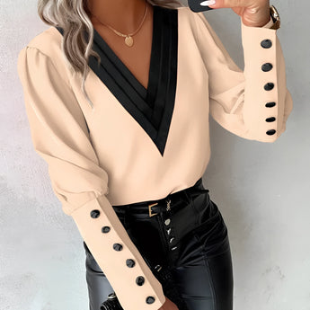 Elegant light pink blouse for women featuring button sleeves, shown in khaki color and size 2XL, highlighting the shoulder, neck, and collar area.