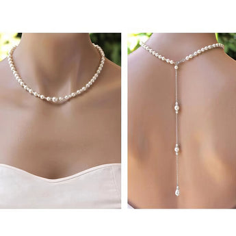 Elegant long pearl back-drop necklace adorning a bride's neck, complementing her wedding dress.