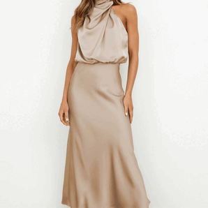 Elegant Long Satin Dress with Halter Neck