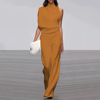 Elegant one-shoulder evening gown in a yellow-orange color, designed in a sheath style with a defined waist, knee-length, and a formal appearance suitable for plus-size women.