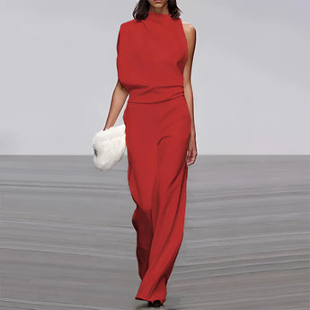 Elegant one-shoulder evening gown in red, featuring a fitted waist and flowing design, suitable for formal occasions.