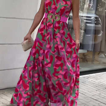 Elegant one-shoulder pink camo evening maxi dress for women highlighting shoulder and waist design, featuring an intricate textile pattern.