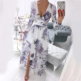 Elegant pink floral maxi dress featuring a deep V-neckline, long sleeves, and a high slit, in a Viola color and 2XL size.