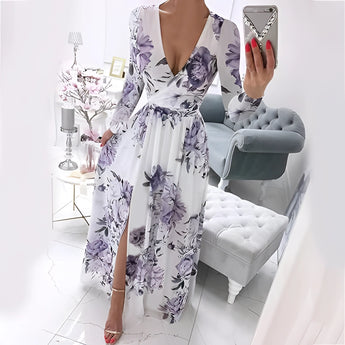 Elegant pink floral maxi dress featuring a deep V-neckline, long sleeves, and a high slit, in a Viola color and 2XL size.