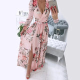 Elegant pink floral maxi dress with long sleeves, a deep V-neckline, and a high slit, designed in a one-piece style for size 2XL.
