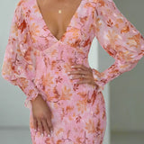 Elegant pink floral maxi dress with long sleeves, featuring a fitted waist and a flowing silhouette, perfect for autumn evenings.