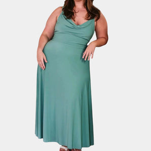 Elegant plus size green maxi dress with a cowl neck and sleeveless design, showcasing a flowing silhouette perfect for formal occasions.