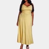 Elegant plus size green maxi dress with a cowl neck, sleeveless design, showcasing a flowing silhouette suitable for formal wear.