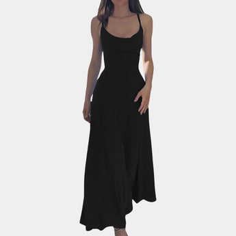 Elegant plus size black maxi dress with a cowl neck and sleeveless design, resembling a sheath dress.
