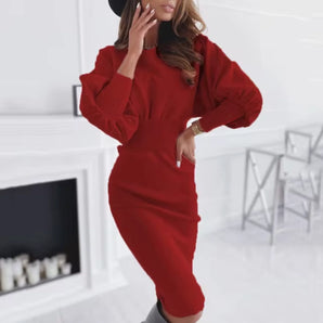 Elegant Red Midi Dress – Puffed Sleeves, Boat Neck, Casual Chic