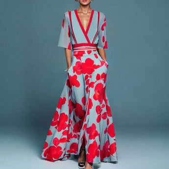 Elegant red and white floral print maxi dress with a deep V-neck, featuring a fitted waist and flowing skirt in a 2XL size.