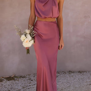 Elegant Satin Cowl Neck Bridesmaid Dress - Dusty Rose Gown