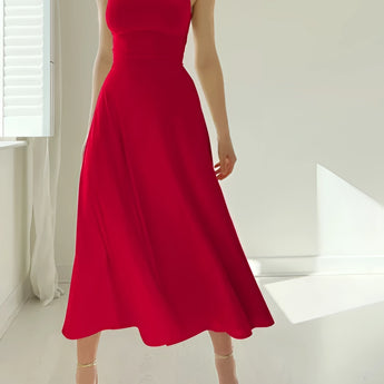 Elegant teal sleeveless midi dress with a fit and flare silhouette, perfect for formal events, featuring a flattering neckline and shoulder design.