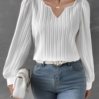 Elegant V-Neck Pleated White Blouse in Bianco1 color, featuring a stylish fit for both office and casual wear, displayed on a mannequin showcasing the shoulder and neck design.