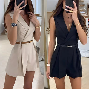 Elegant V-neck sleeveless romper in beige and black, featuring a stylish summer playsuit design with a flattering fit around the neck, shoulders, and waist.