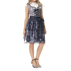 Elegant vintage lace midi dress featuring a velvet skirt, ruffle collar, and long sleeves, highlighting a fitted waist and flowing down to knee-length.