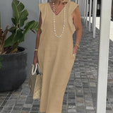 Elegant white linen V-neck summer dress with a pearl necklace, displayed on a mannequin against a plain background, featuring a persimmon hue and size 3XL.