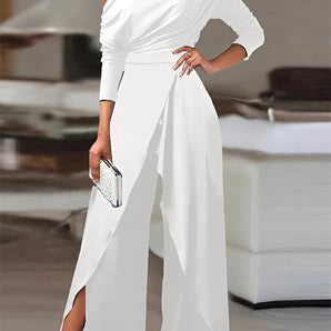Elegant white one-shoulder jumpsuit designed for formal events, featuring a streamlined silhouette with a fitted waist and wide-leg pants, suitable for weddings or other special occasions.