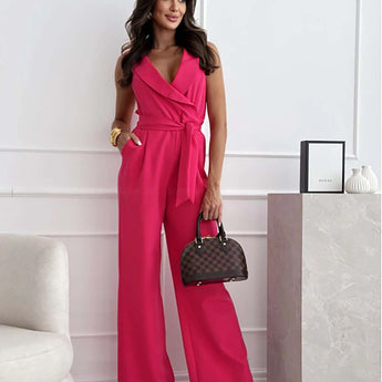 Elegant white sleeveless V-neck belted formal jumpsuit for women, showcasing a fitted waist, stylish shoulder design, and tailored thighs.
