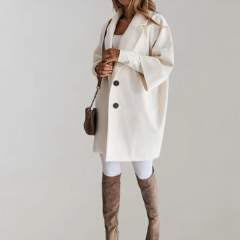 Elegant women's beige oversized wool coat with a high-collar design, featuring long sleeves and a stylish, tailored fit suitable for winter wear, shown in a 2XL size.