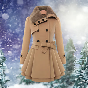 Elegant Women's Beige Winter Coat with Faux Fur & Belted Waist