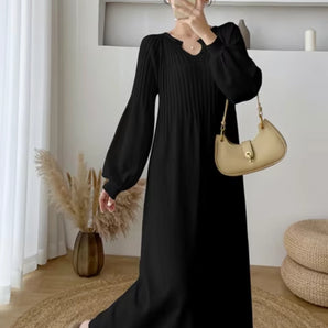 Elegant Women's Black Maxi Dress - Pleated Bodice & Bishop Sleeves