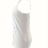 
A stylish and elegant women's black sleeveless tank top with ruffled details, designed for a formal and chic look, displayed on a mannequin.