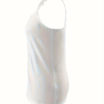 
A stylish and elegant women's black sleeveless tank top with ruffled details, designed for a formal and chic look, displayed on a mannequin.