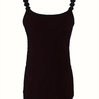 Elegant women's black sleeveless tank top with ruffled details, designed for a formal and chic look.