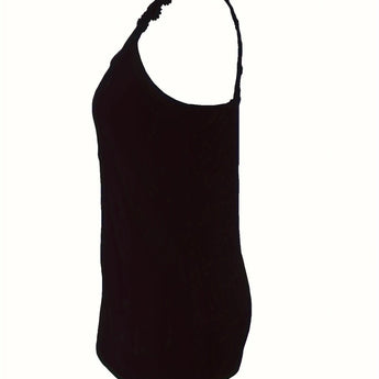 Elegant women's black ruffled sleeveless tank top with a formal and chic design, ideal for stylish occasions.
