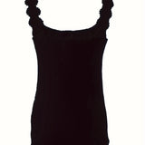 Elegant women's black ruffled sleeveless tank top with a formal and chic design, showcasing a stylish pattern and sophisticated fashion elements.