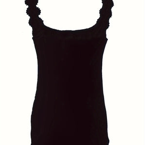 Elegant women's black ruffled sleeveless tank top with a formal and chic design, showcasing a stylish pattern and sophisticated fashion elements.
