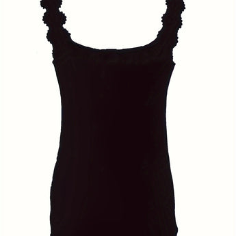 Elegant women's black ruffled sleeveless tank top with a formal and chic design, showcasing a stylish pattern and sophisticated fashion elements.