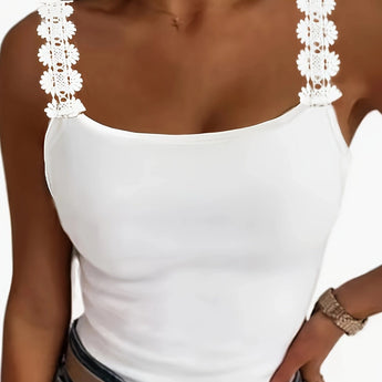 Elegant women's white ruffled sleeveless tank top featuring a chic design with delicate ruffles along the neckline, suitable for formal occasions.