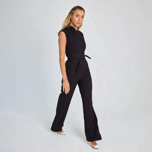 Elegant women's black sleeveless belted jumpsuit, featuring a chic and formal design with a defined waist and sleek silhouette.