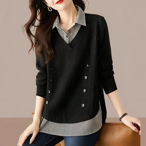 Elegant women's black V-neck double-breasted sweater in a stylish knitwear design, featuring long sleeves and tailored waist, shown in size 3XL with a sophisticated appearance.