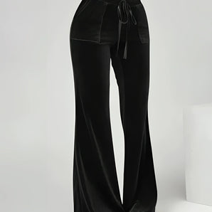 Elegant Women's Black Velvet Flare Pants - High Waist Drawstring