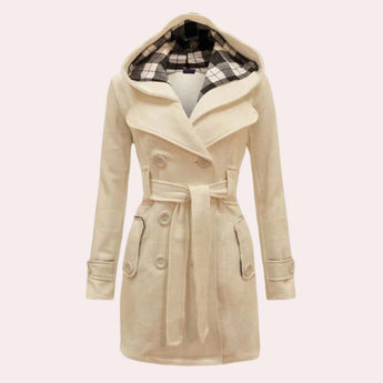 Elegant women's cream double-breasted pea coat with a checkered hood, featuring a beige color and tailored in an XL size. The coat has a classic design with a collar and full-length sleeves, suitable for stylish outerwear.