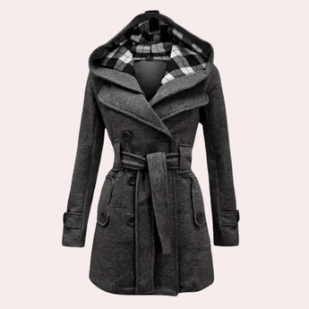Elegant women's cream double-breasted pea coat in gray, featuring a checkered hood, with long sleeves and a tailored fit, showcasing a fashion-forward design perfect for formal wear.