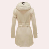 
An elegant women's cream double-breasted pea coat featuring a checkered hood, with long sleeves and a stylish design suitable for casual or formal wear.