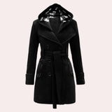 Elegant Women's Cream Double-Breasted Pea Coat featuring a stylish checkered hood, long sleeves, and a sophisticated collar design. The coat is tailored with natural materials, combining elements of a blazer and outerwear, creating a fashionable and formal appearance.