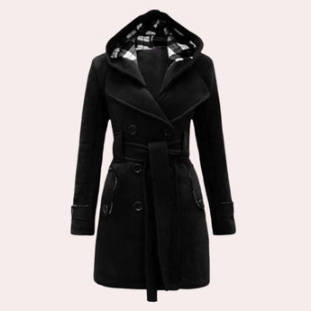 Elegant Women's Cream Double-Breasted Pea Coat featuring a stylish checkered hood, long sleeves, and a sophisticated collar design. The coat is tailored with natural materials, combining elements of a blazer and outerwear, creating a fashionable and formal appearance.