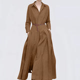 Elegant women's grey wool blend maxi trench coat with a wide collar, shown in a brown color in size XL. The coat features long sleeves and a tailored waist, highlighting its sophisticated fashion design.
