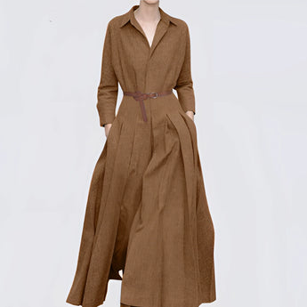 Elegant women's grey wool blend maxi trench coat with a wide collar, shown in a brown color in size XL. The coat features long sleeves and a tailored waist, highlighting its sophisticated fashion design.