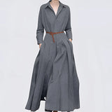Elegant women's grey wool blend maxi trench coat with a wide collar, featuring long sleeves and a tailored waist, in size XL.