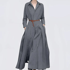 Elegant women's grey wool blend maxi trench coat with a wide collar, featuring long sleeves and a tailored waist, in size XL.